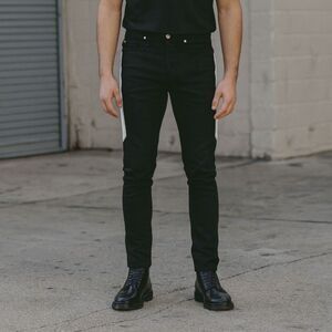 KEISER CLARK Black Slim Denim White Leather Panel Jeans Pants Mens Size 31